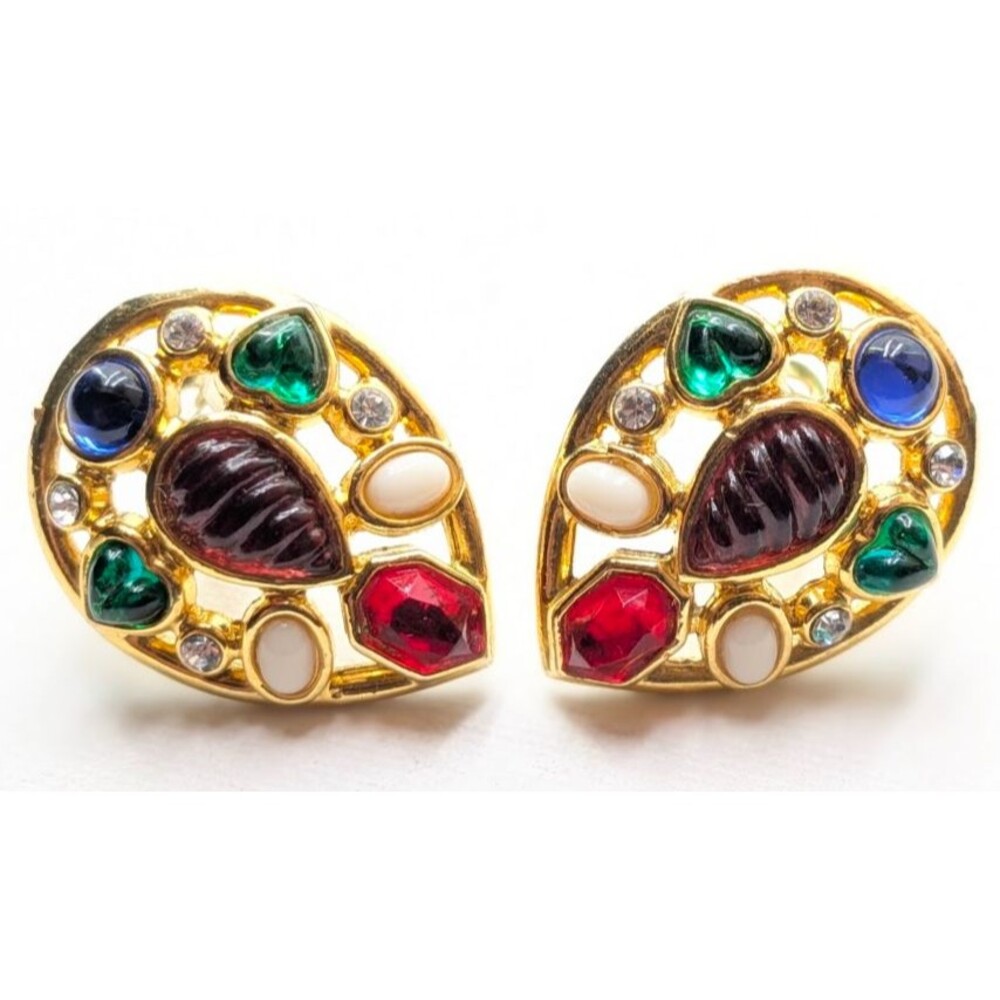 Vintage Clip On Earrings Multicolor Acrylic Cabochon Gold Tone Statement 28g